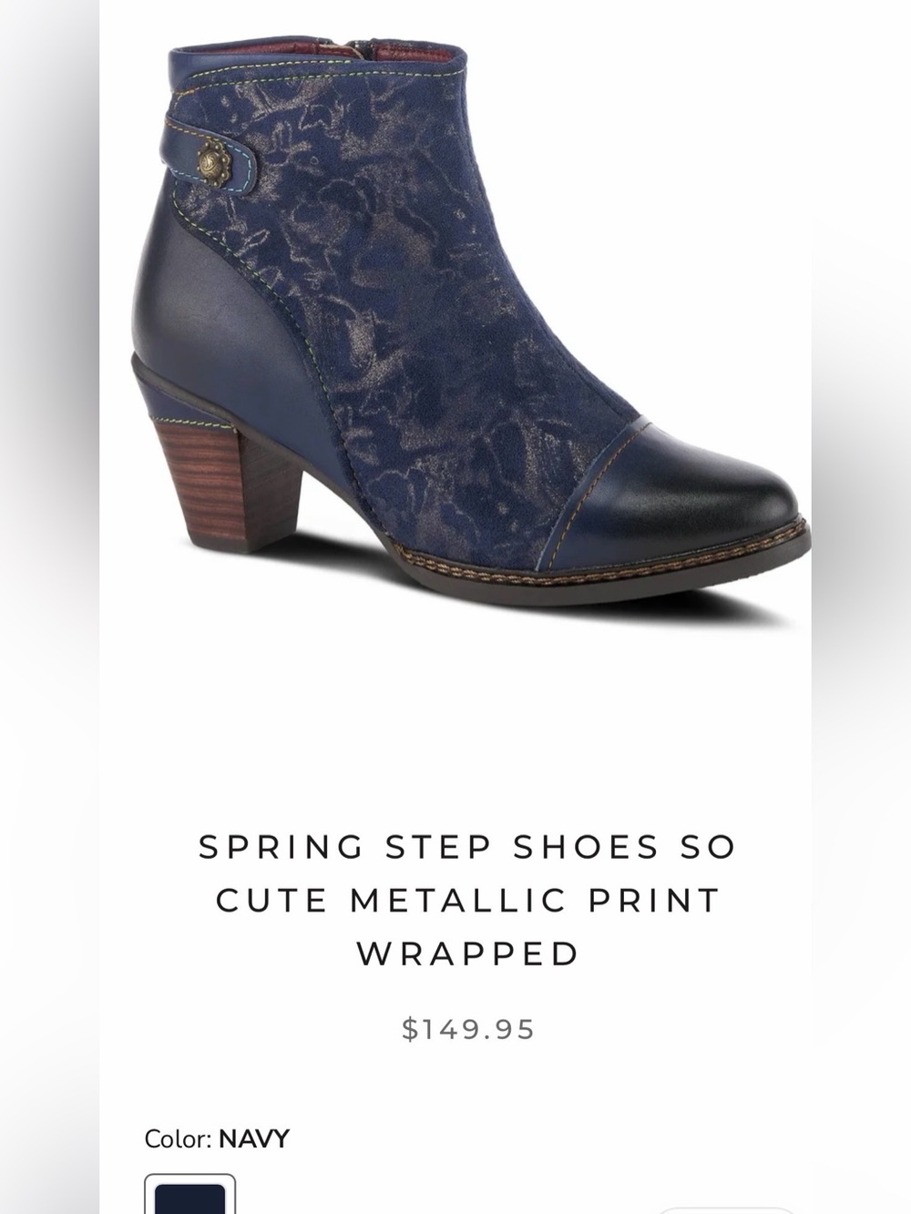 L’Artiste by SPRING STEP SO CUTE women’s Navy metallic ankle bootie size 39/8.5